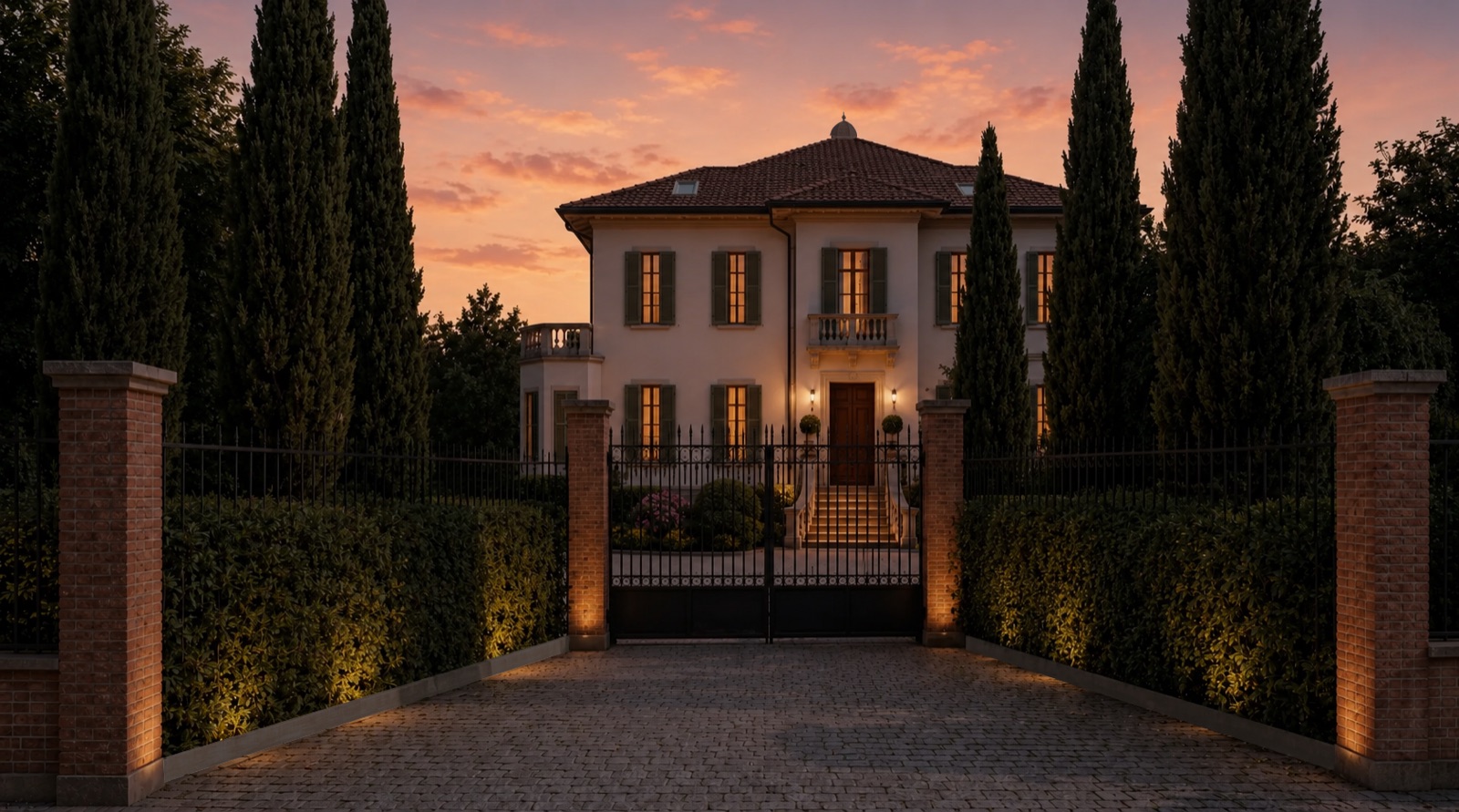 Villa Ludovica al crepuscolo: la facciata storica illuminata, tra i cipressi del parco