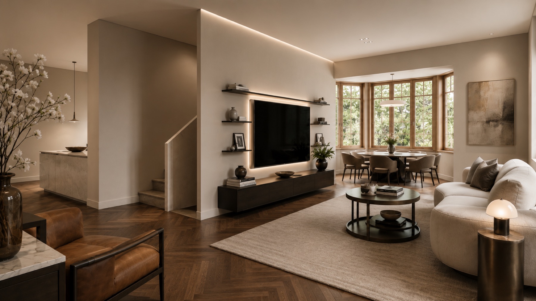 Soggiorno con vista sulla cucina — residenza Gardenia, render di progetto