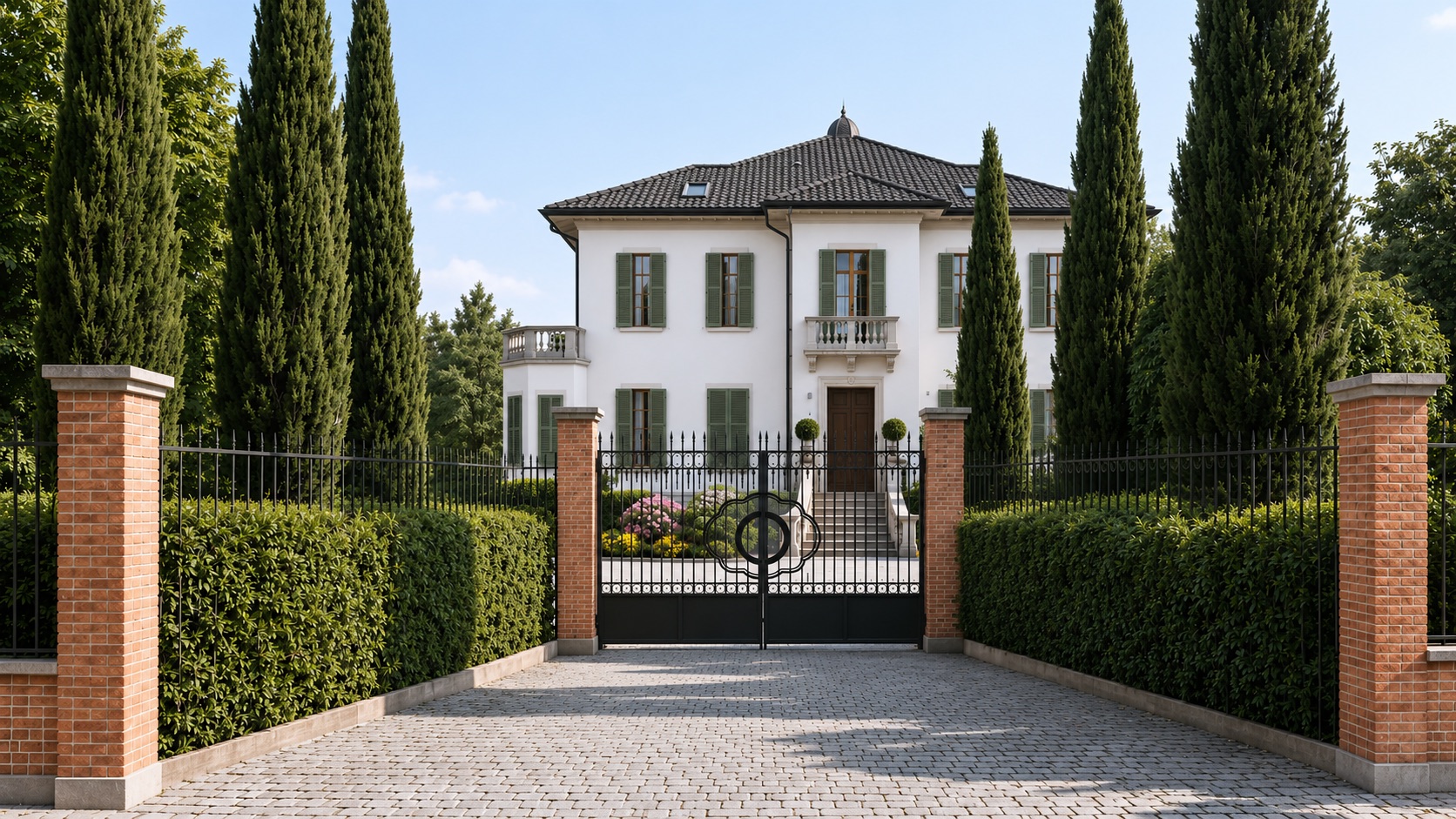 Ingresso monumentale di Villa Ludovica: cancello, viale e facciata storica
